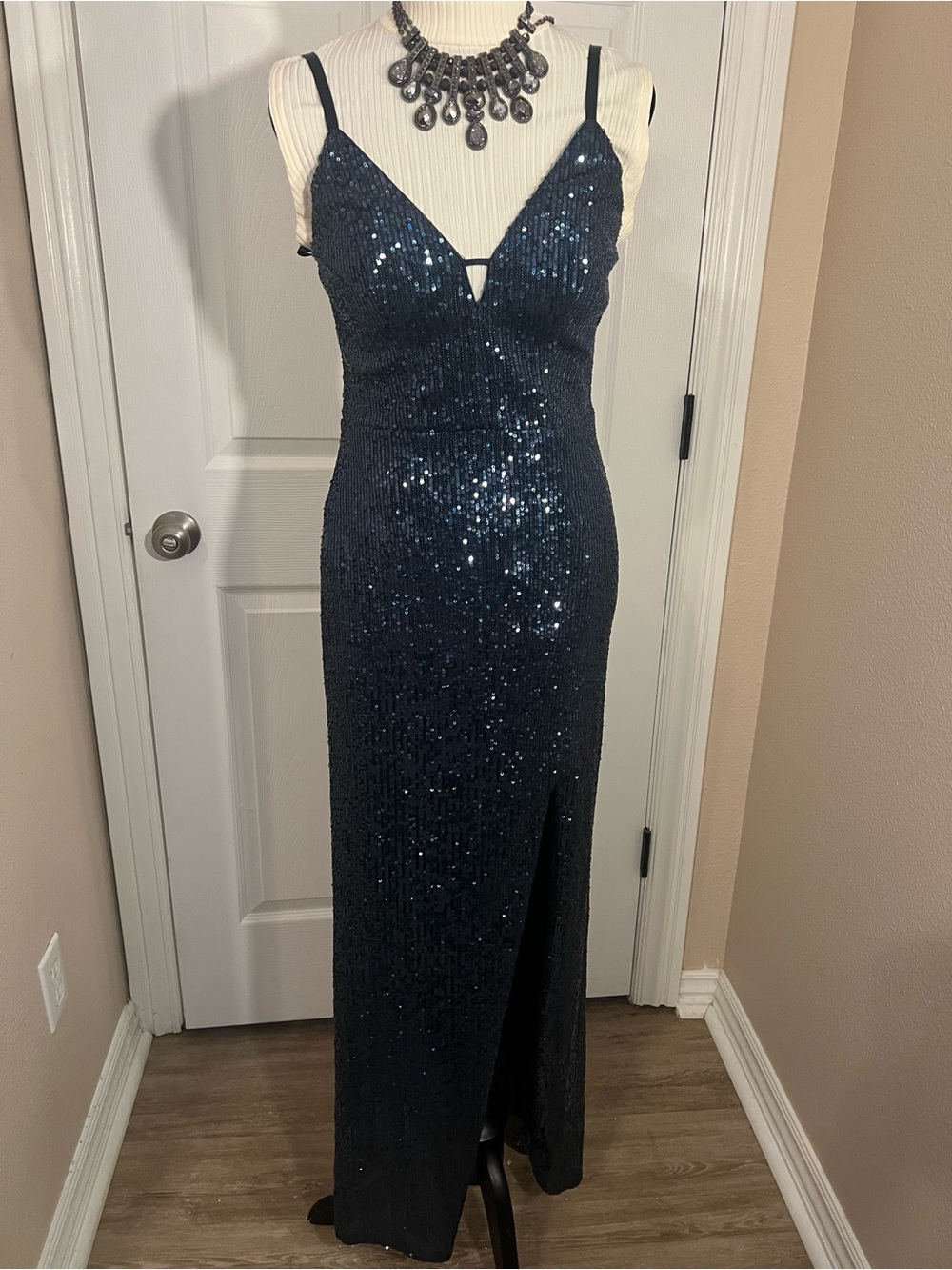 Women's Navy Sequin Evening Gown bridesmaid prom dress